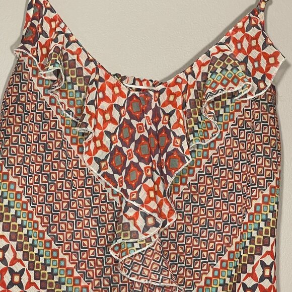 Women's S Guess Vintage Sheer Ruffled Tank Geometric Pattern Ruffled Smocked - Picture 4 of 9